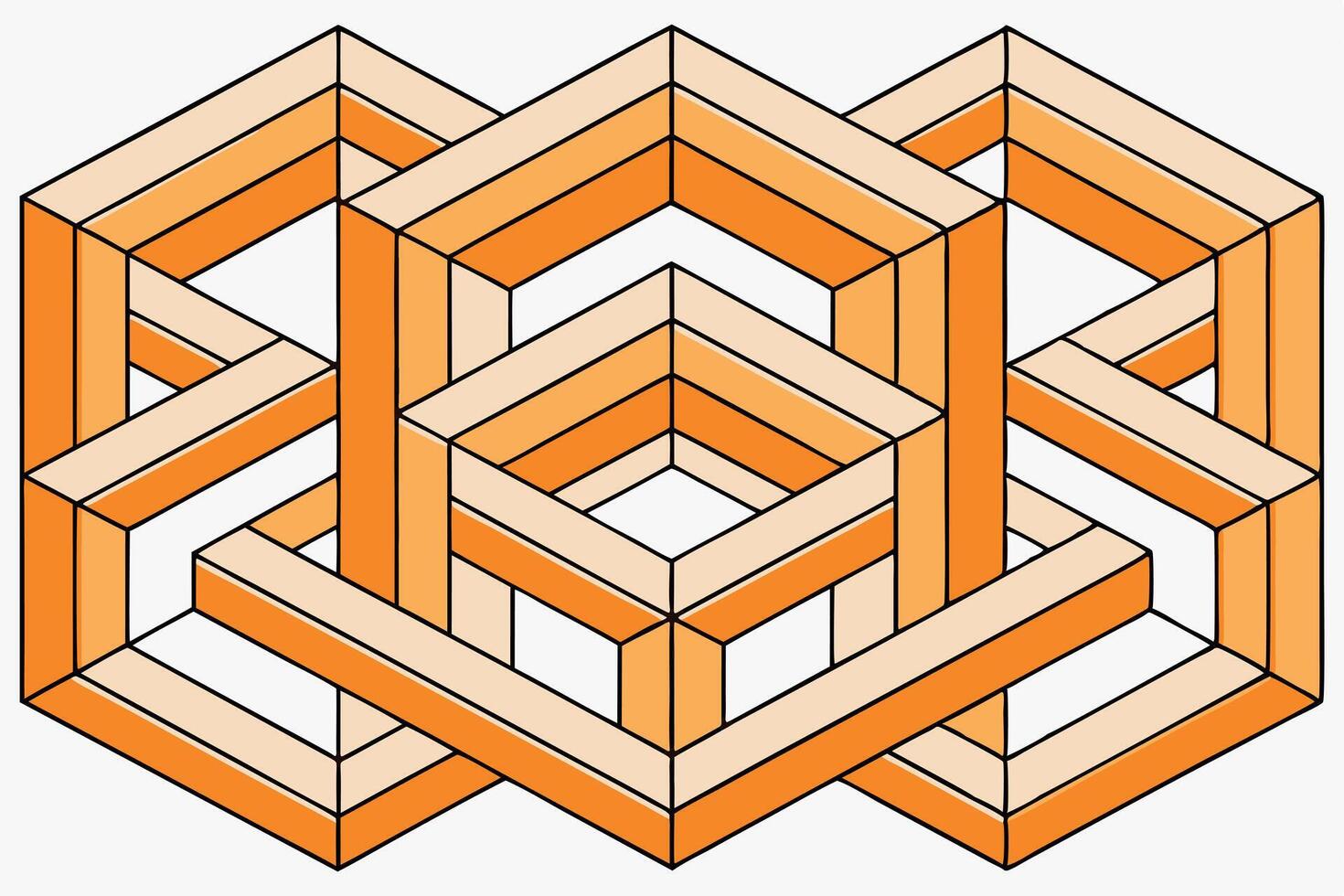 Abstract geometric isometric pattern in vibrant orange and beige, forming an intricate layered design Pattern background with interlocking elements vector