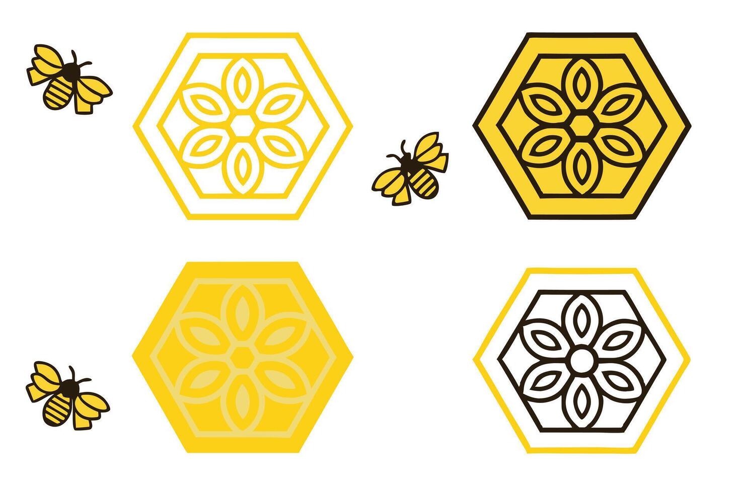 Vibrant geometric icon set with honeycomb and bee illustrations, modern style combining black and yellow for dynamic design vector