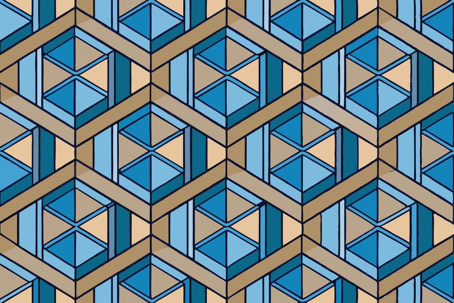 Modern geometric pattern background with interlocking hexagonal lines in blue, beige, and grey, perfect for contemporary design and digital artwork vector