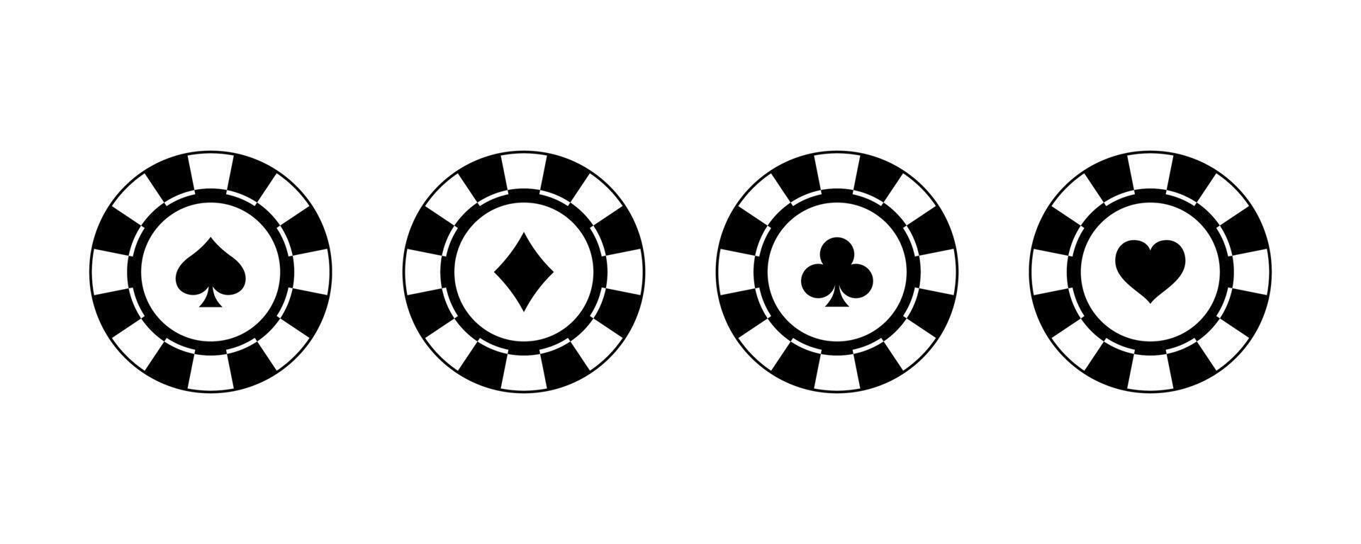 Poker chips icon set. Casino poker chip symbol. Gamble graphic elements collection. Gambling coins, tokens with card signs, poker chips. vector