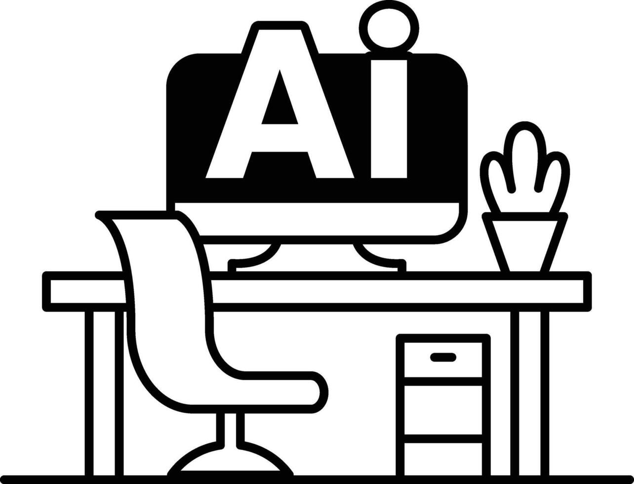 computer monitor with the letters AI on it In black and white line style vector