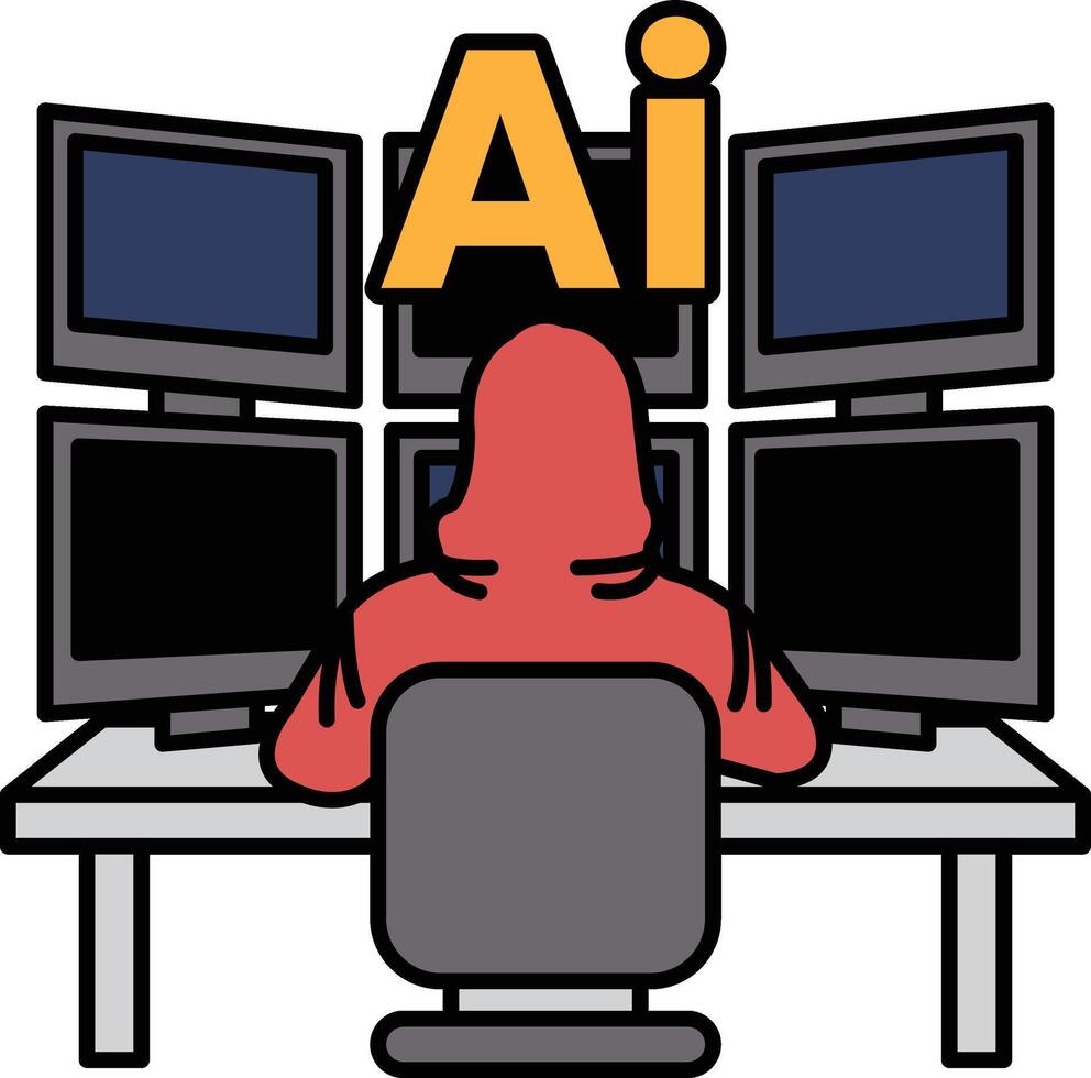 A man in a red hoodie sits in front of a computer with a monitor displaying the vector