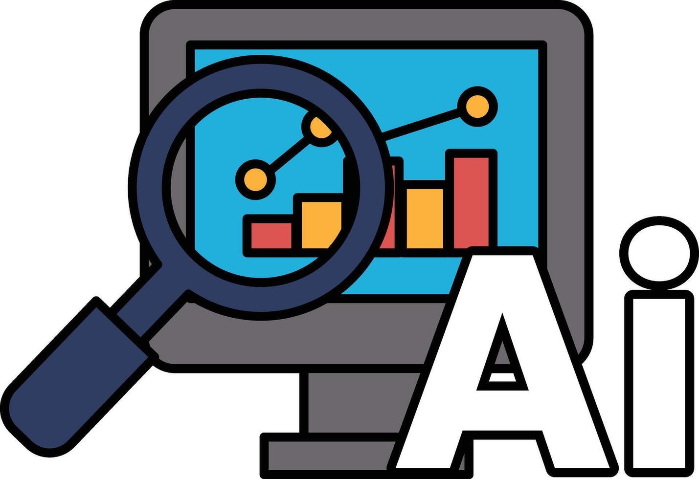 A computer monitor with a magnifying glass on it and the word AI underneath vector