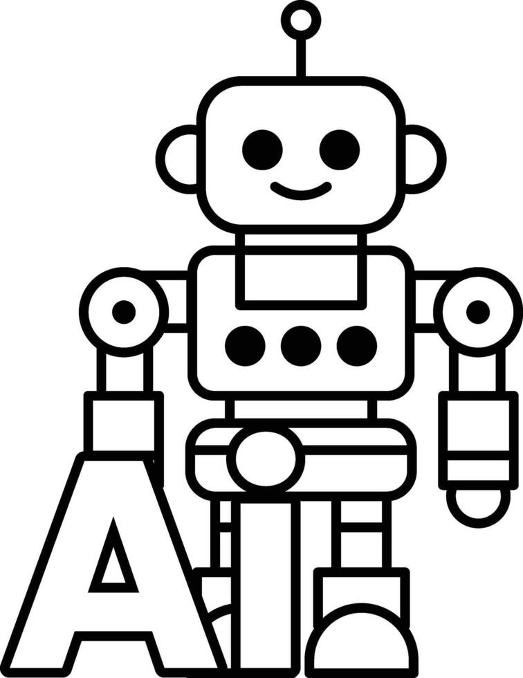 robot is standing in front of the letter A In black and white line style vector