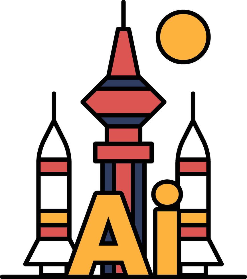 A city skyline with a red and white tower and a yellow sun in the background vector