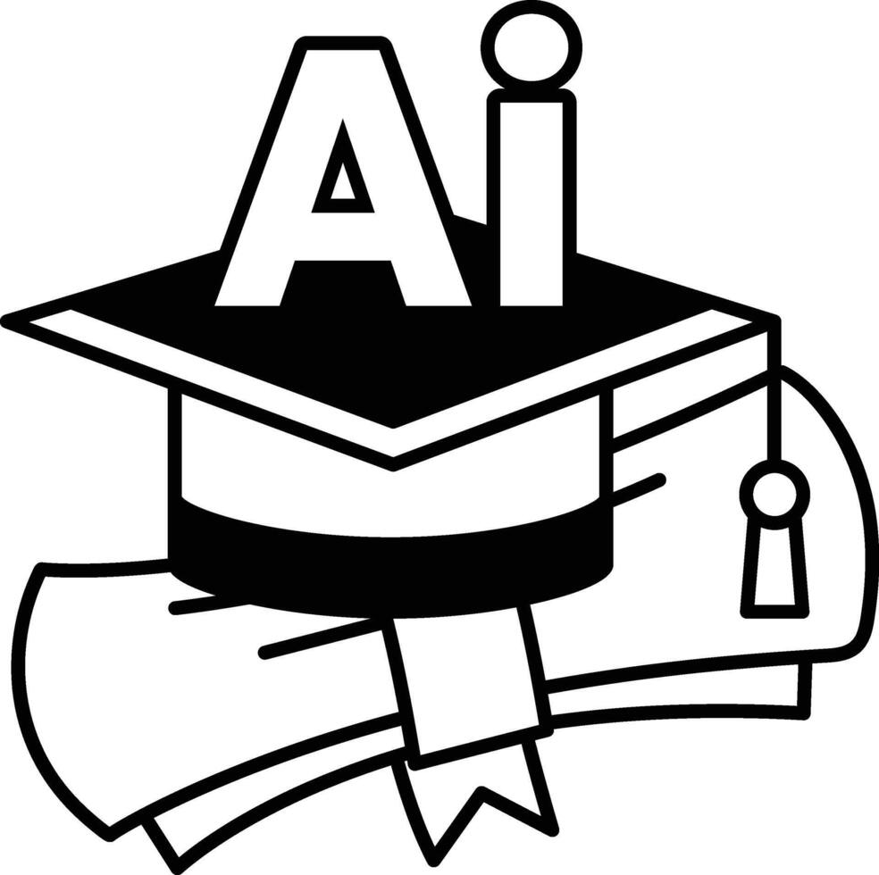 graduation cap with the letters AI on it In black and white line style vector