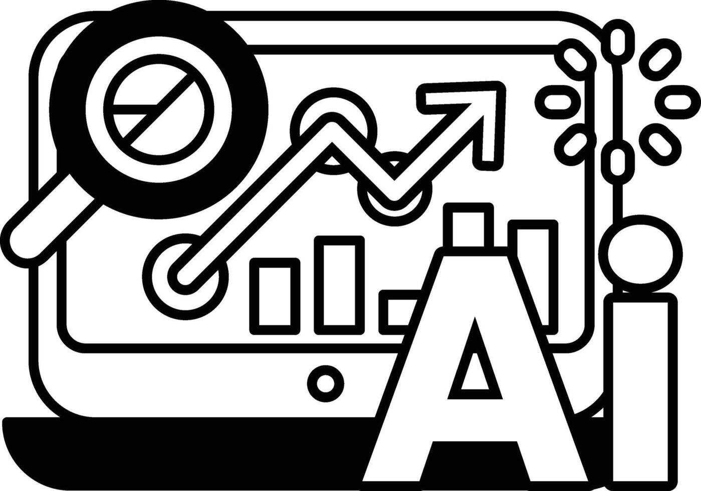 computer monitor with a magnifying glass on it In black and white line style vector