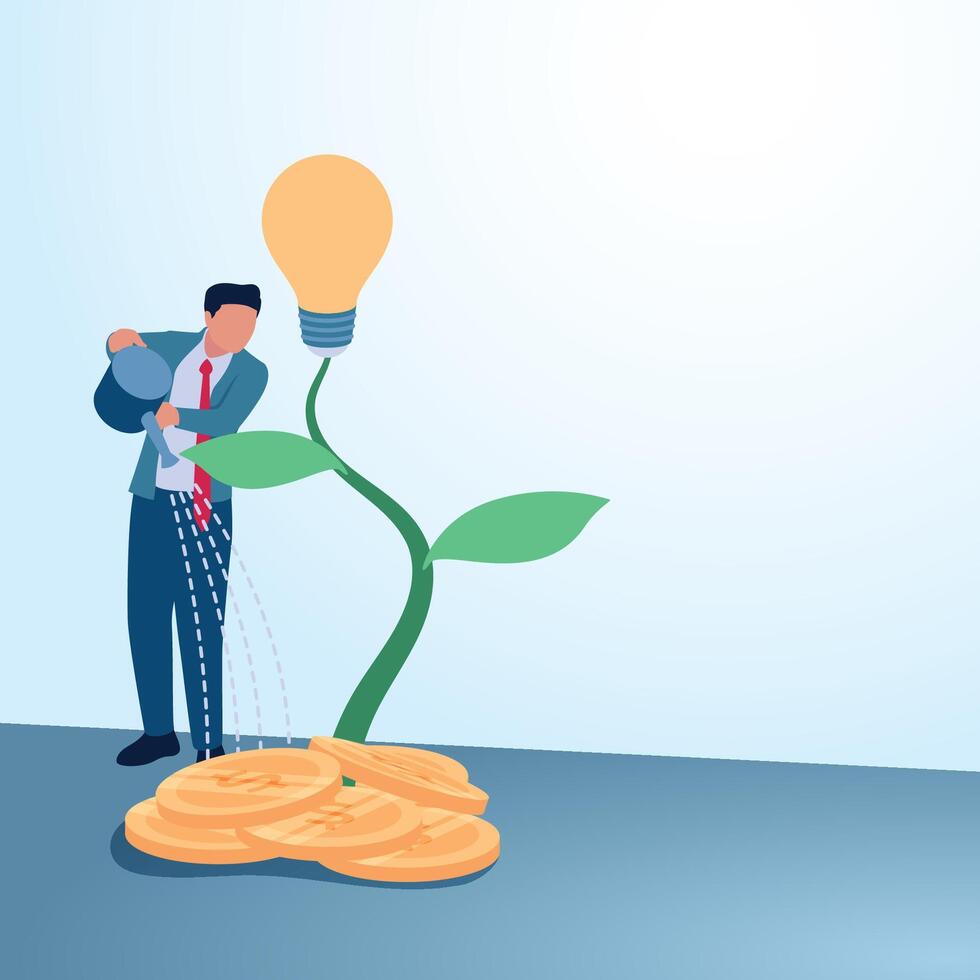 A man watering money that blooms the lamp of ideas. A metaphorical illustration for business expansion, franchise development and expanding business. vector