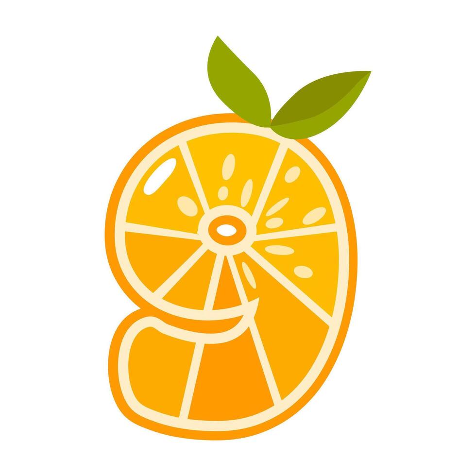 Orange fruit number Nine. Orange in the shape of number 9. Numbers and signs made from orange or citrus. vector