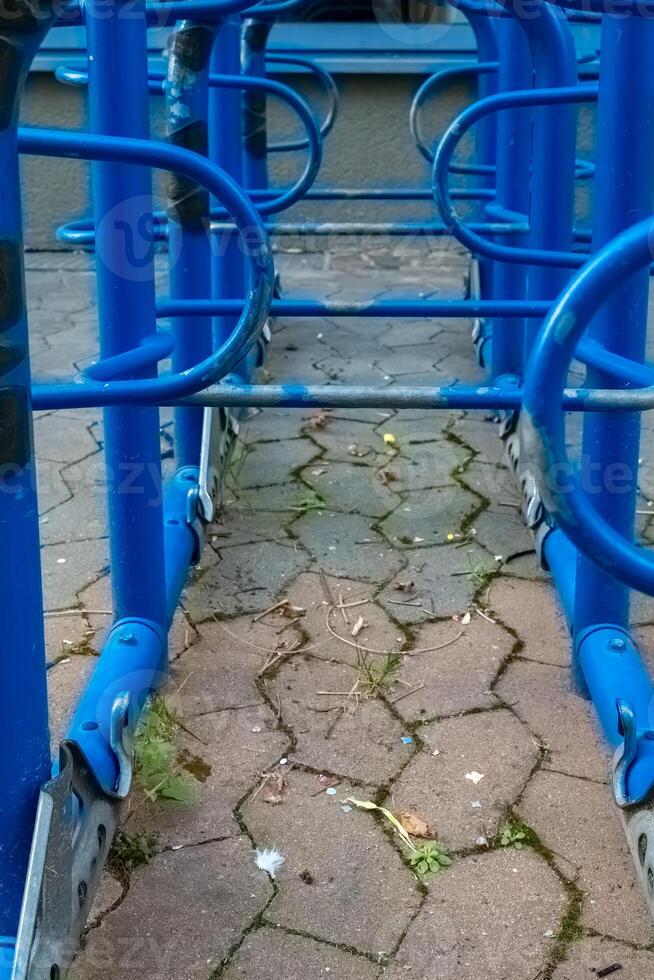 Blue bicycle racks arranged neatly on a paved surface with visible weeds and natural elements photo