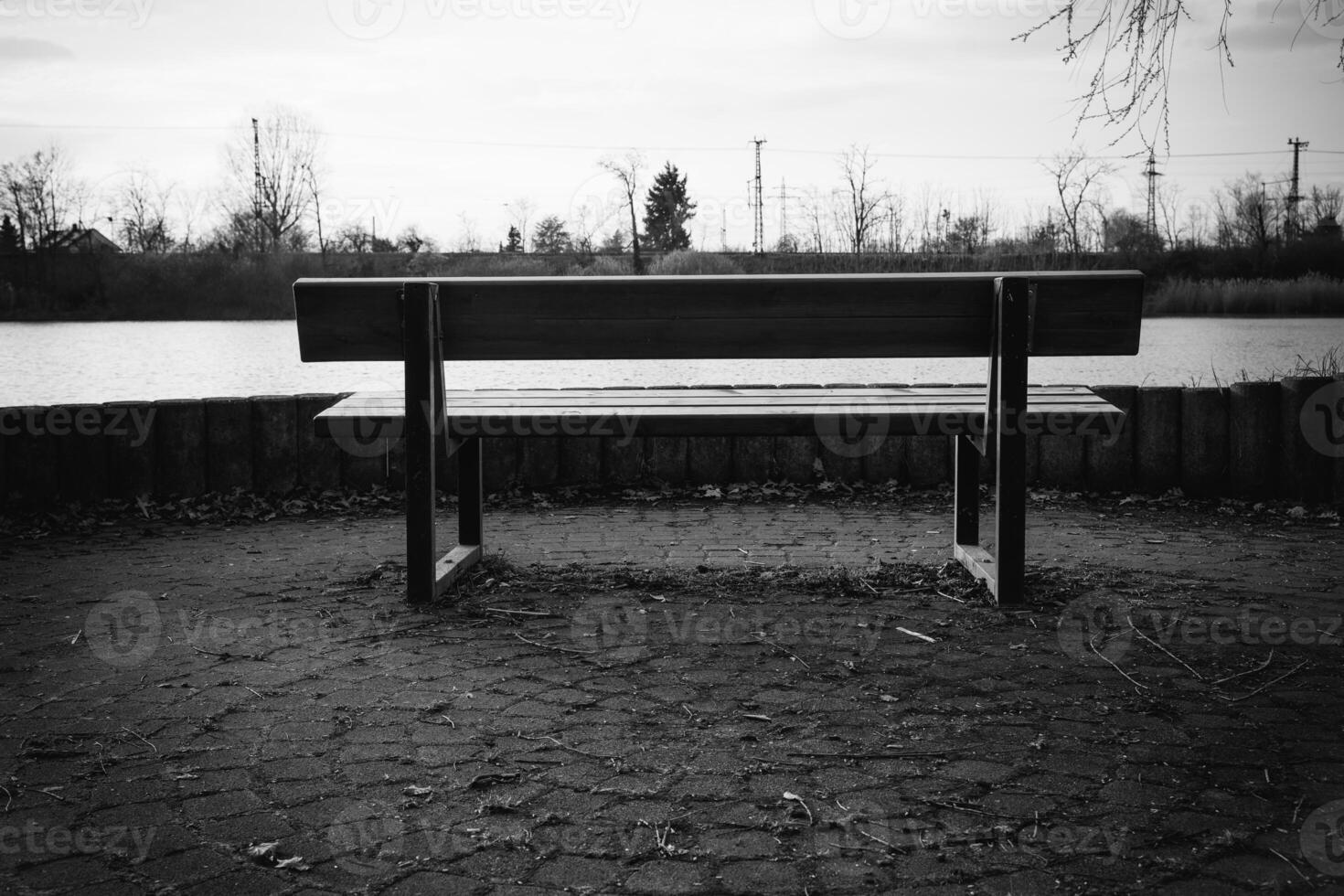 Bench by the water at dusk surrounded by trees in a tranquil natural setting photo