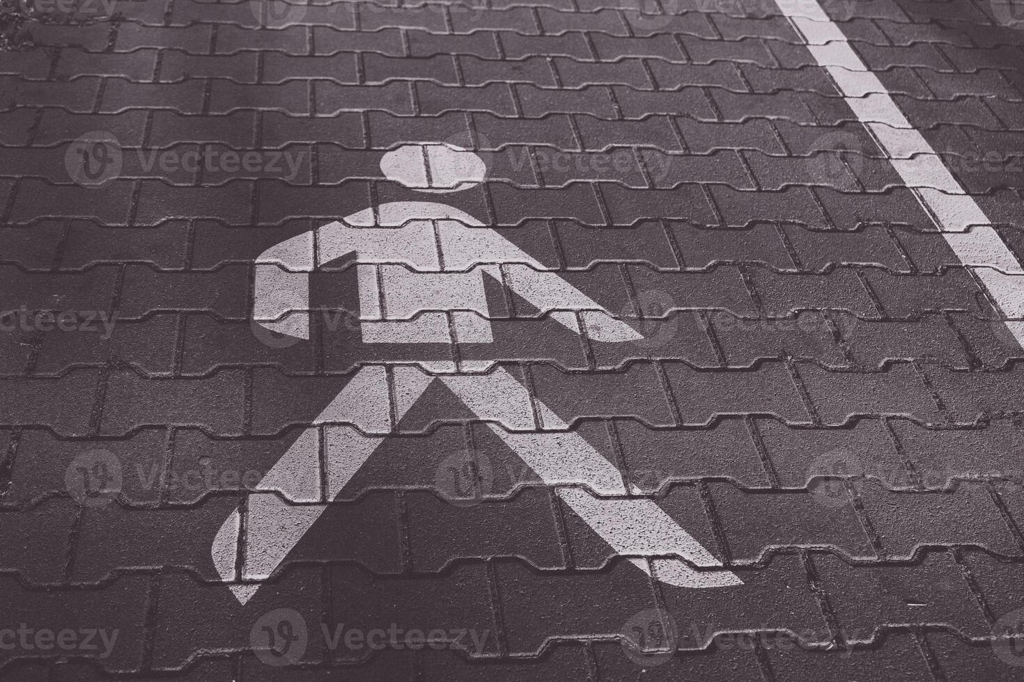 Walking symbol on pavement indicates pedestrian crossing zone in an urban area photo