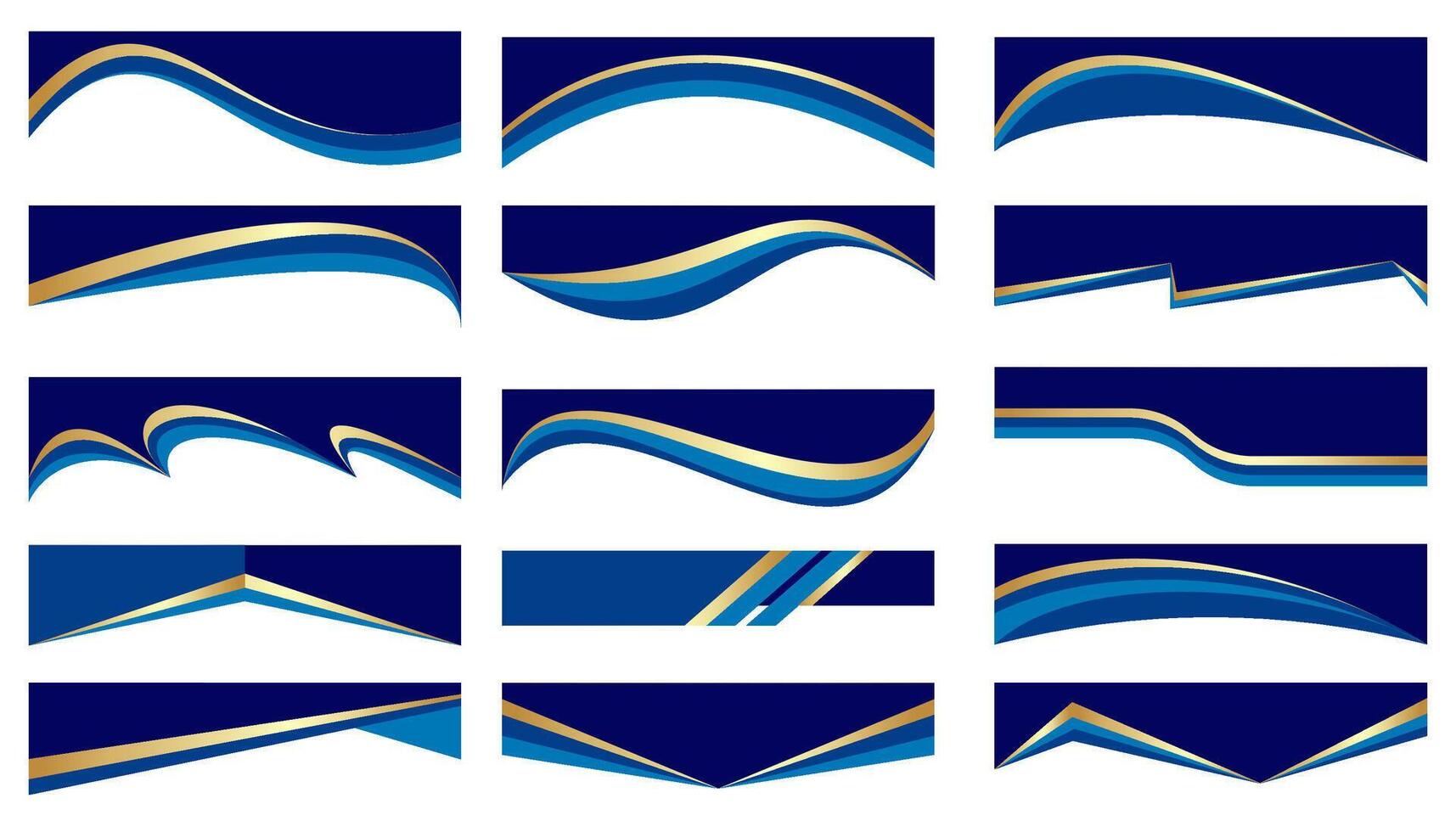 Abstract border shapes for banner design. Header with golden line section on white background. Website page templates. Top separator modern elements. Simple blue wavy horizontal menu for site. vector