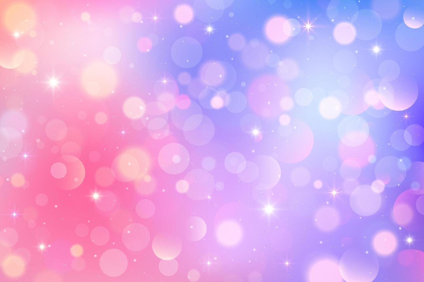 Pink unicorn background with glitter stars and bokeh. Dreamy magic sky. Purple fantasy fairy gradient. Lovely pastel wallpaper with iridescent gradient. vector