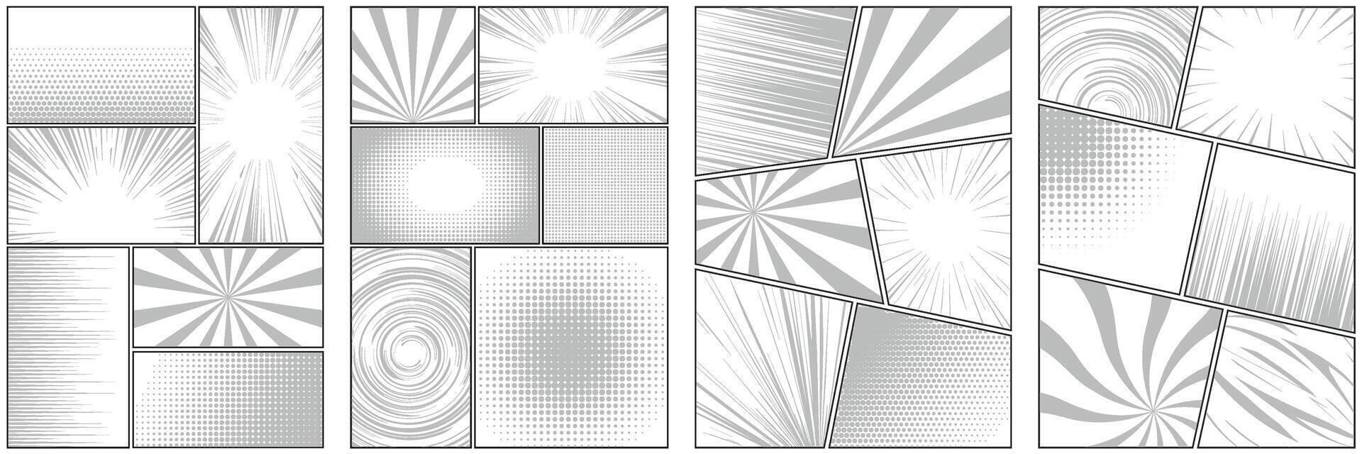 Comic book frame. Monochrome manga template. Pop art cartoon page with grid and boxes on white backdrop. Anime cover with explosion speed lines and halftone effect for storyboard. vector