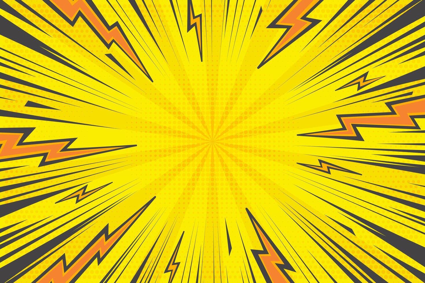 Comic cartoon background with lightning burst effect. Manga graphic with thunder power and abstract light effect. Energy explosion frame. Radial perspective motion lines. vector