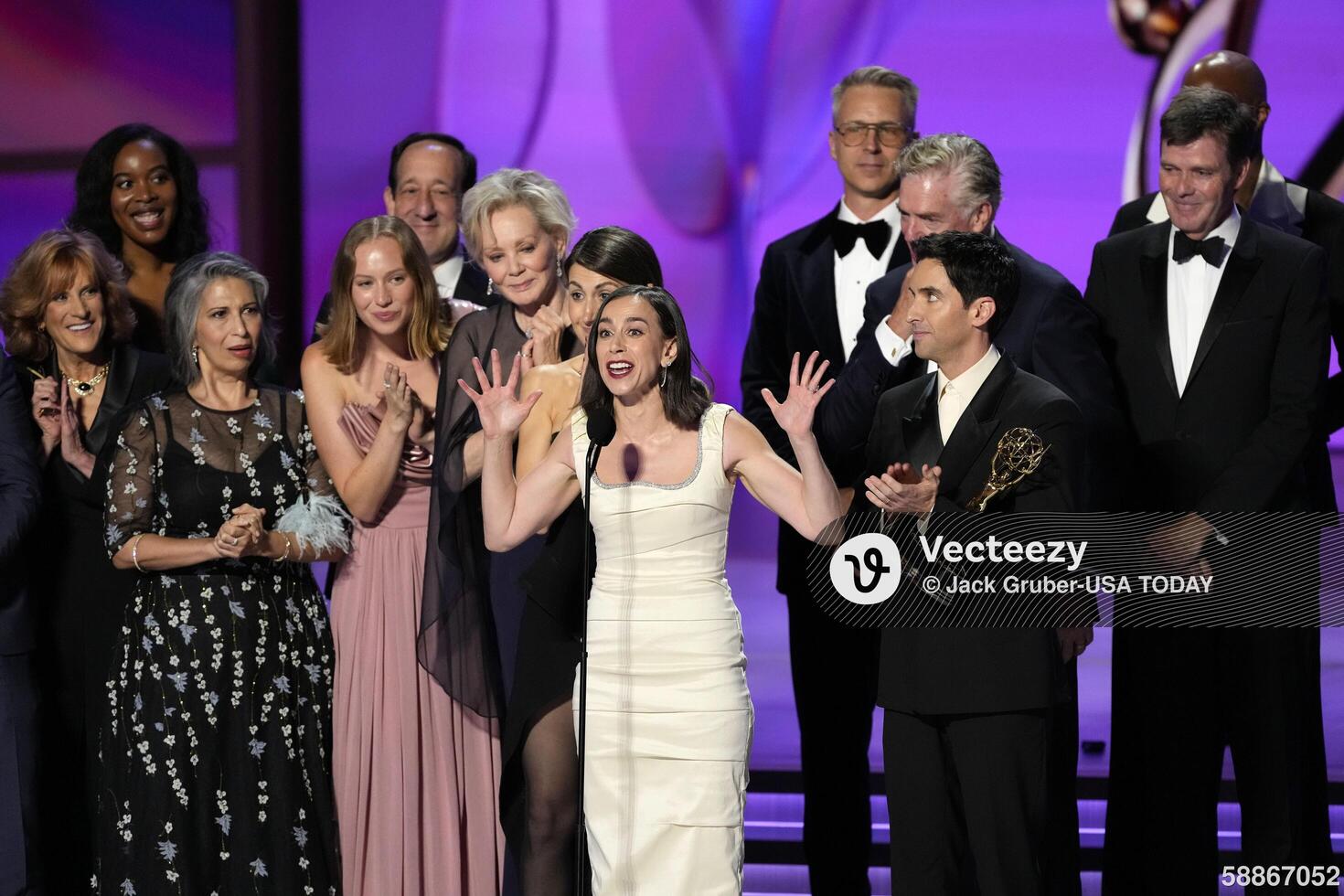 The cast and crew of ‘Hacks’ accepts the award for outstanding comedy series at the 76th Emmy Awards at the Peacock Theater on Sunday, Sept. 15, 2024 in Los Angeles,. editorial_image