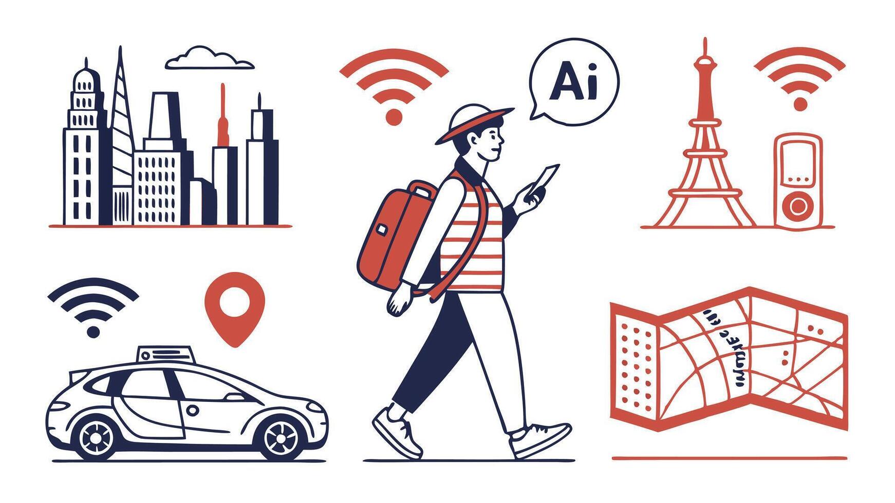 AI Travel Icons - Futuristic Tourism, Digital Navigation, and AI Guides vector
