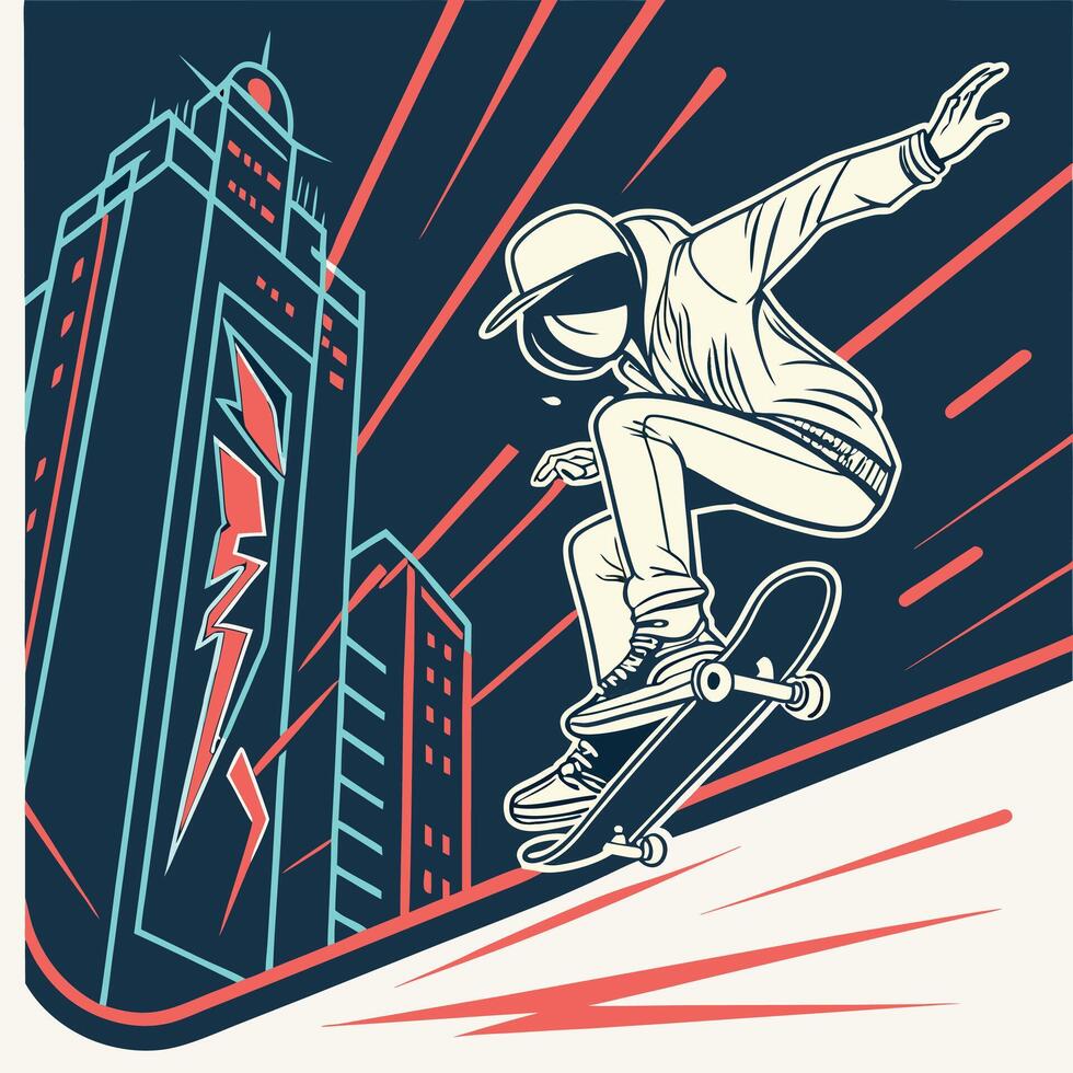 Urban Skater Performing Stunt on Skateboard in Futuristic Cityscape, Dynamic Street Art Style Illustration vector