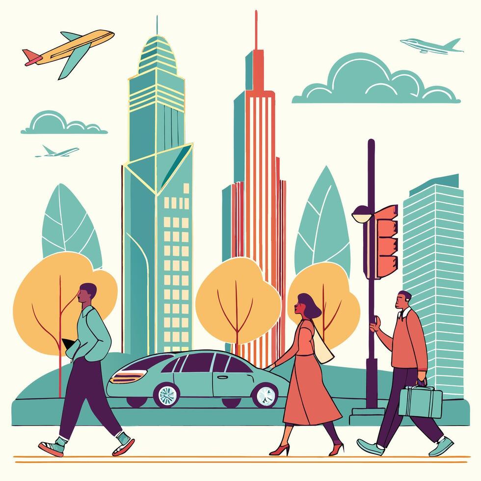 Urban Life Concept Illustration Modern City Scene with Diverse People in a Futuristic Design vector