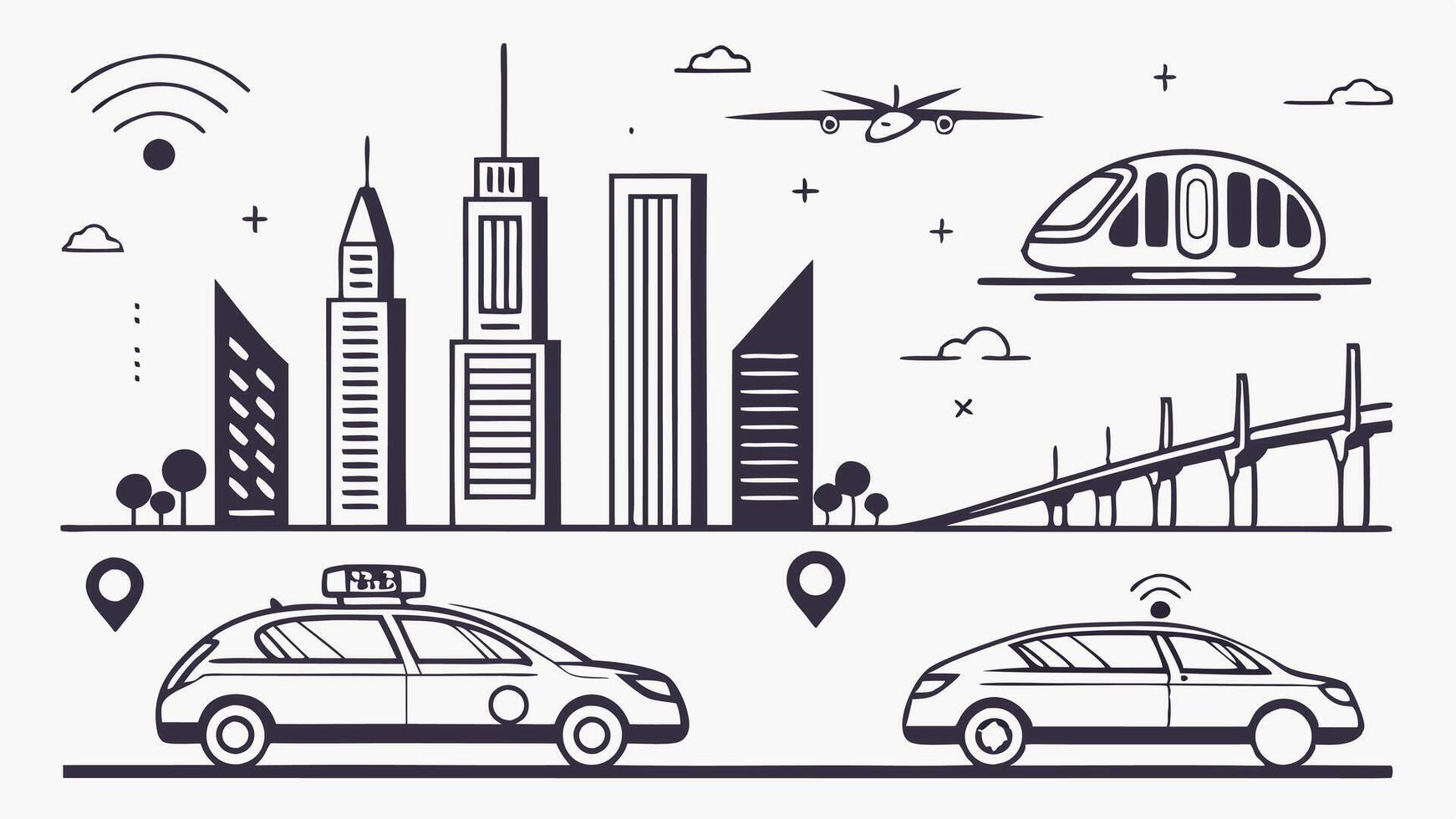 autonomous transportation icons, futuristic AI-driven vehicles, smart mobility technology, self-driving cars, flying taxi symbols. vector