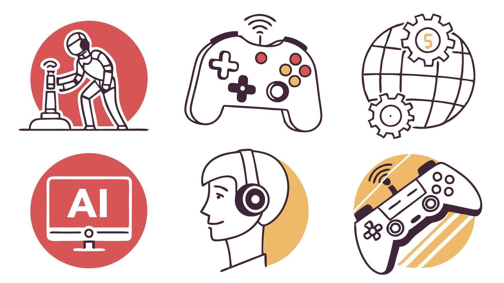 AI Gaming Icons - Futuristic Esports, Virtual Reality, and Smart Controllers vector