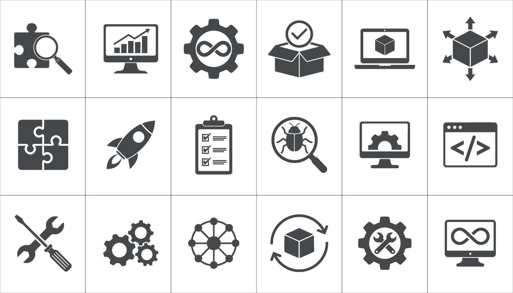 Collection of Software Development Icons. Includes process, debugging, coding, deployment, and project management symbols. vector