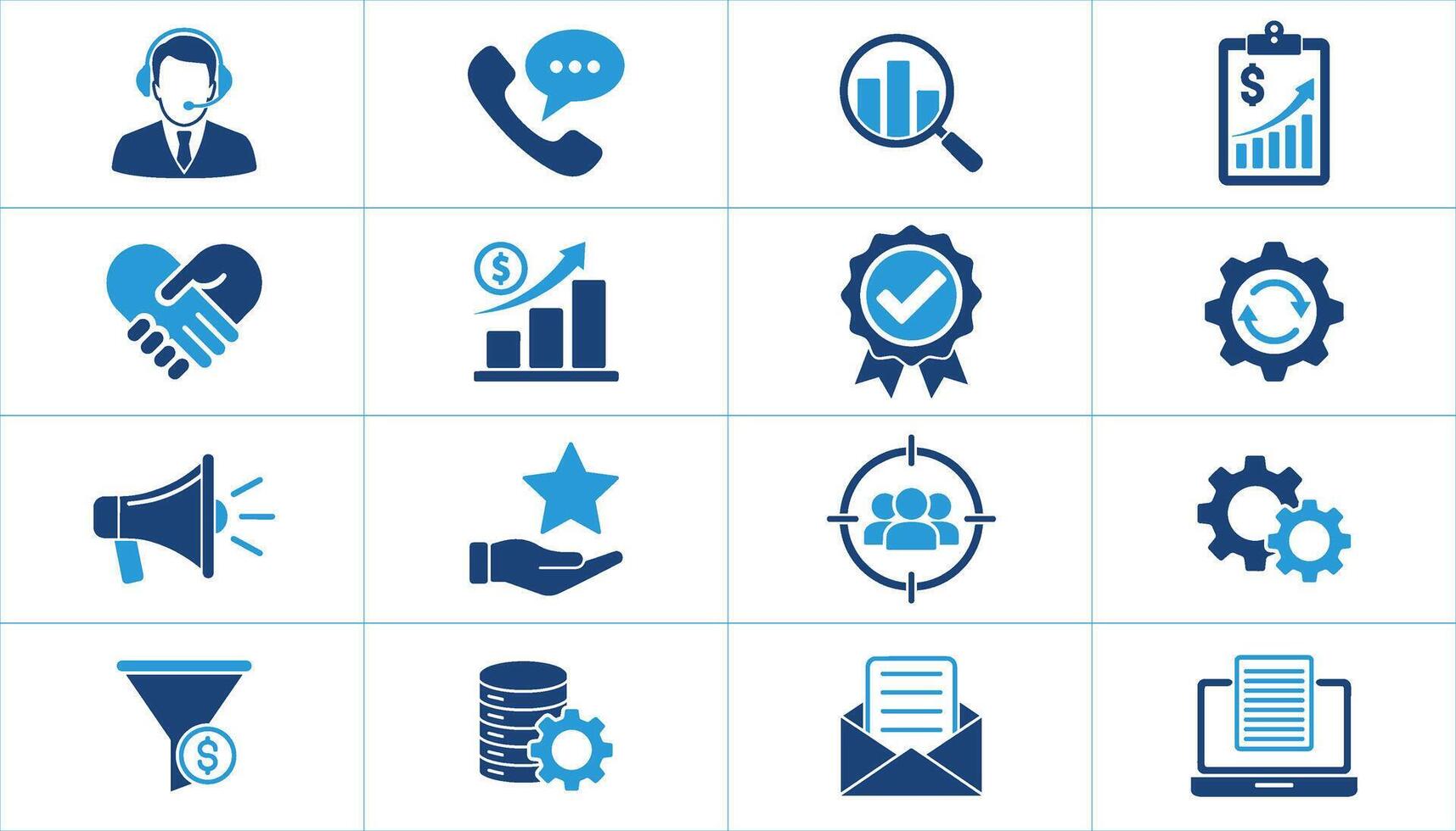 A collection of Business Success Icons representing growth, customer service, marketing, sales, teamwork, and data analysis. flat illustration vector