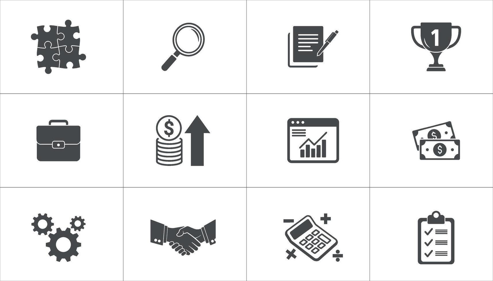 Business Strategy Icons teamwork, finance, growth, success, research, planning, and analysis. solid icon set illustration vector