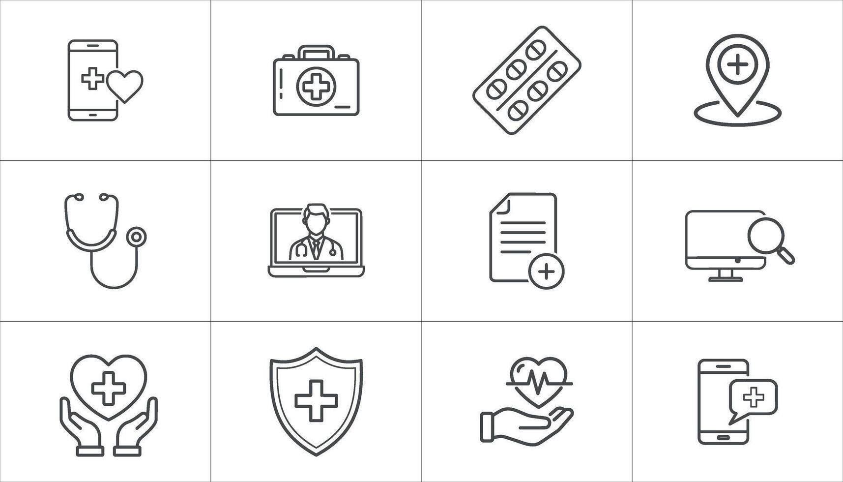 A set of Healthcare line Icons, elements mobile health apps, doctor consultations, pills and stethoscopes. flat simple line icon set vector