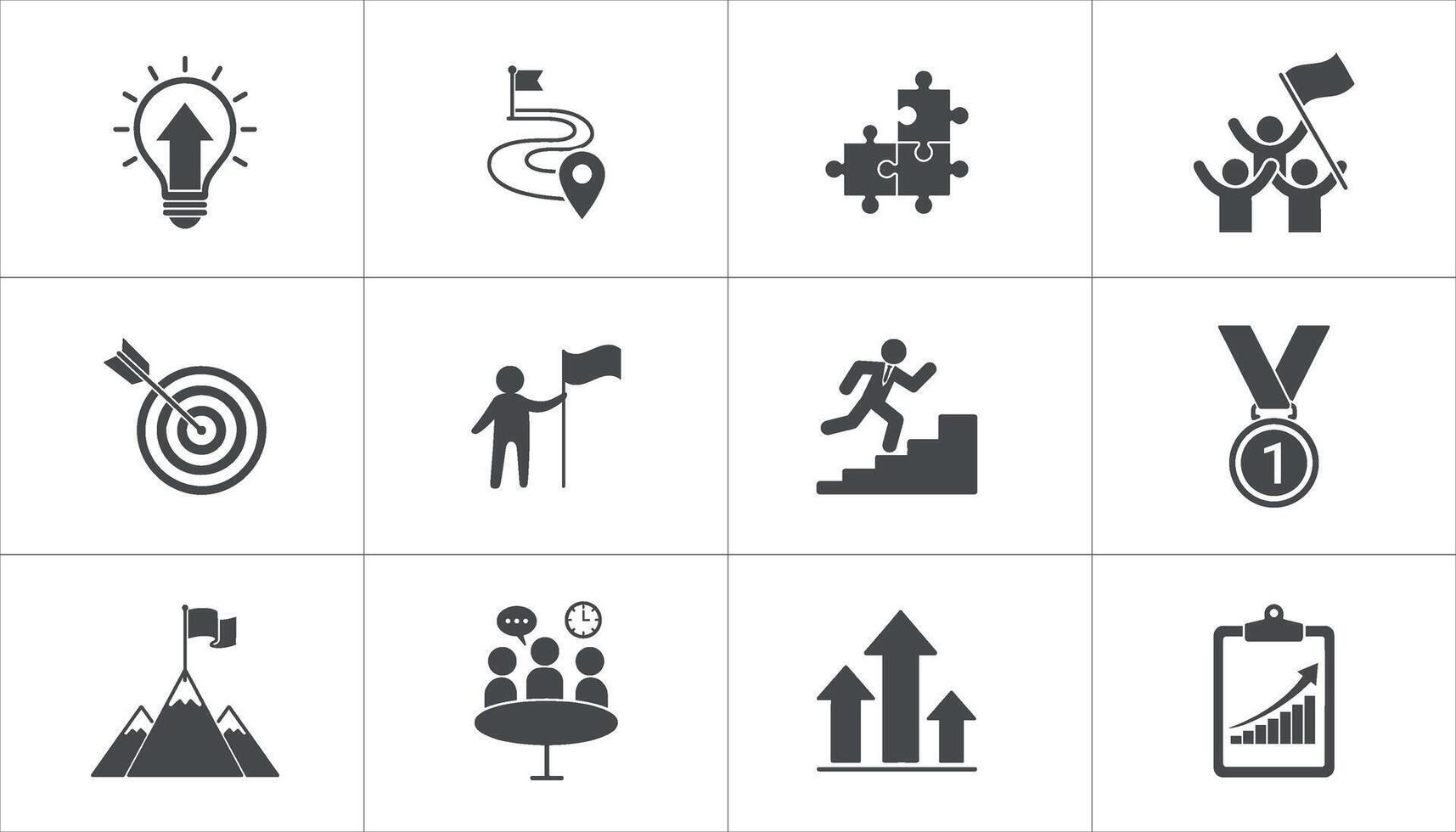 Success Icons Strategy, Teamwork, Achievement, Growth, Goals, ideas, planning, progress, achievement, and upward trends, simple flat solid icon vector