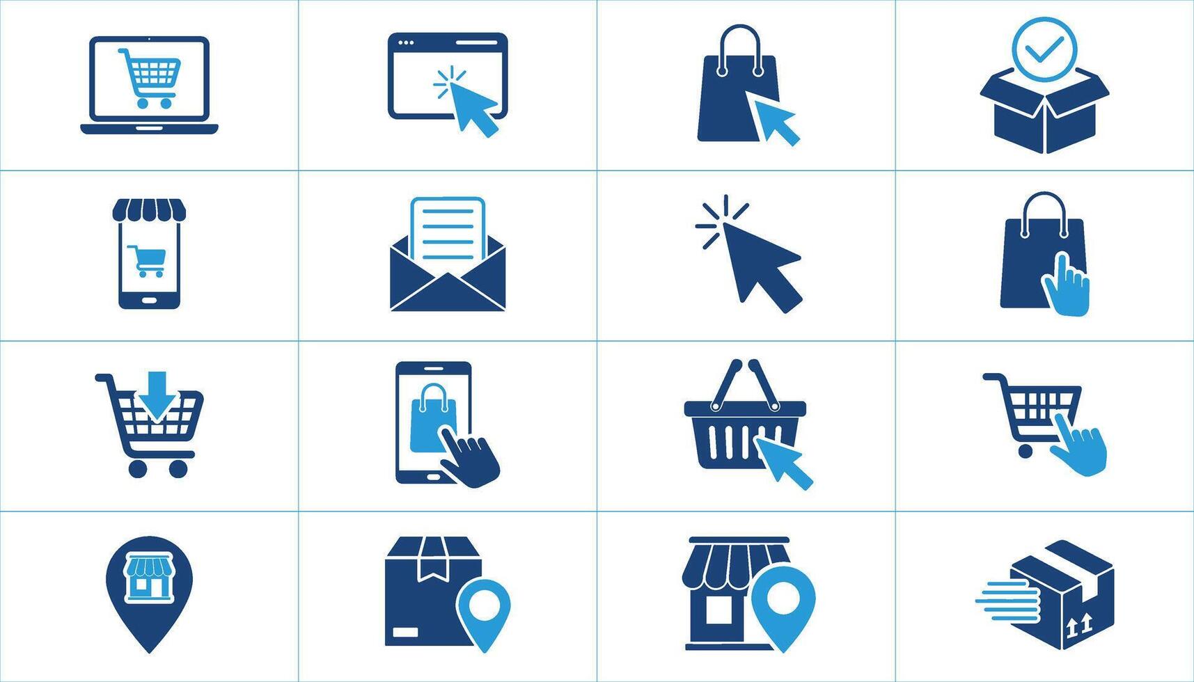 Set of E-commerce Shopping Icons. including online shopping, carts, packages, delivery, and store locations. Simple, flat design vector