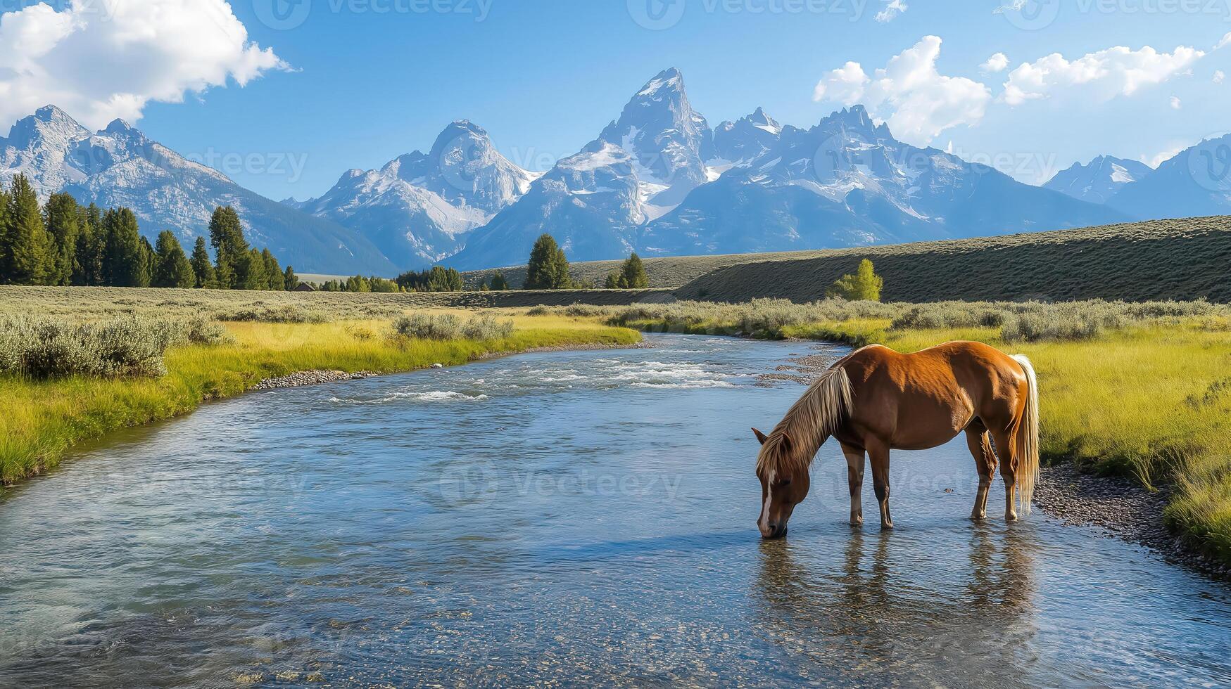 A horse drinking water in a river with mountains in the background photo