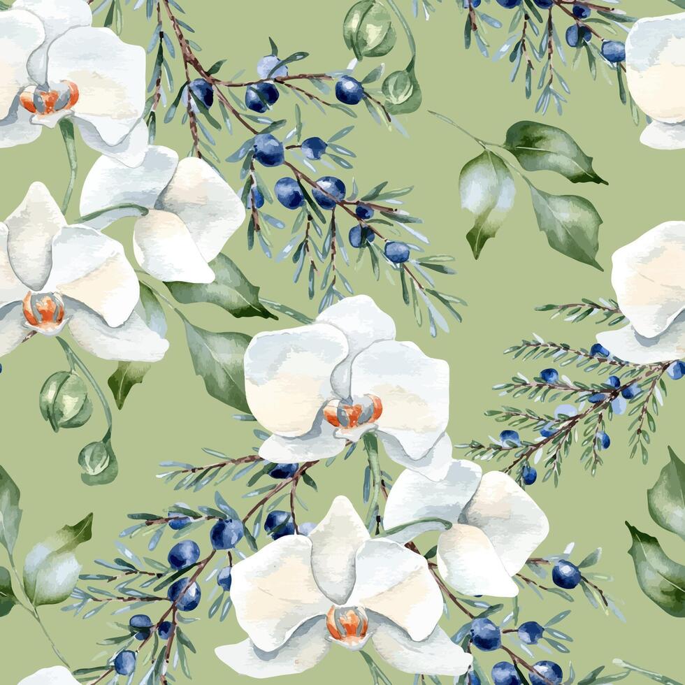Floral seamless pattern with coniferous plants and blue berries. White orchids, juniper and leaves holly in neutral watercolor isolated. Evergreen branches and flowers hand drawn for design textile vector