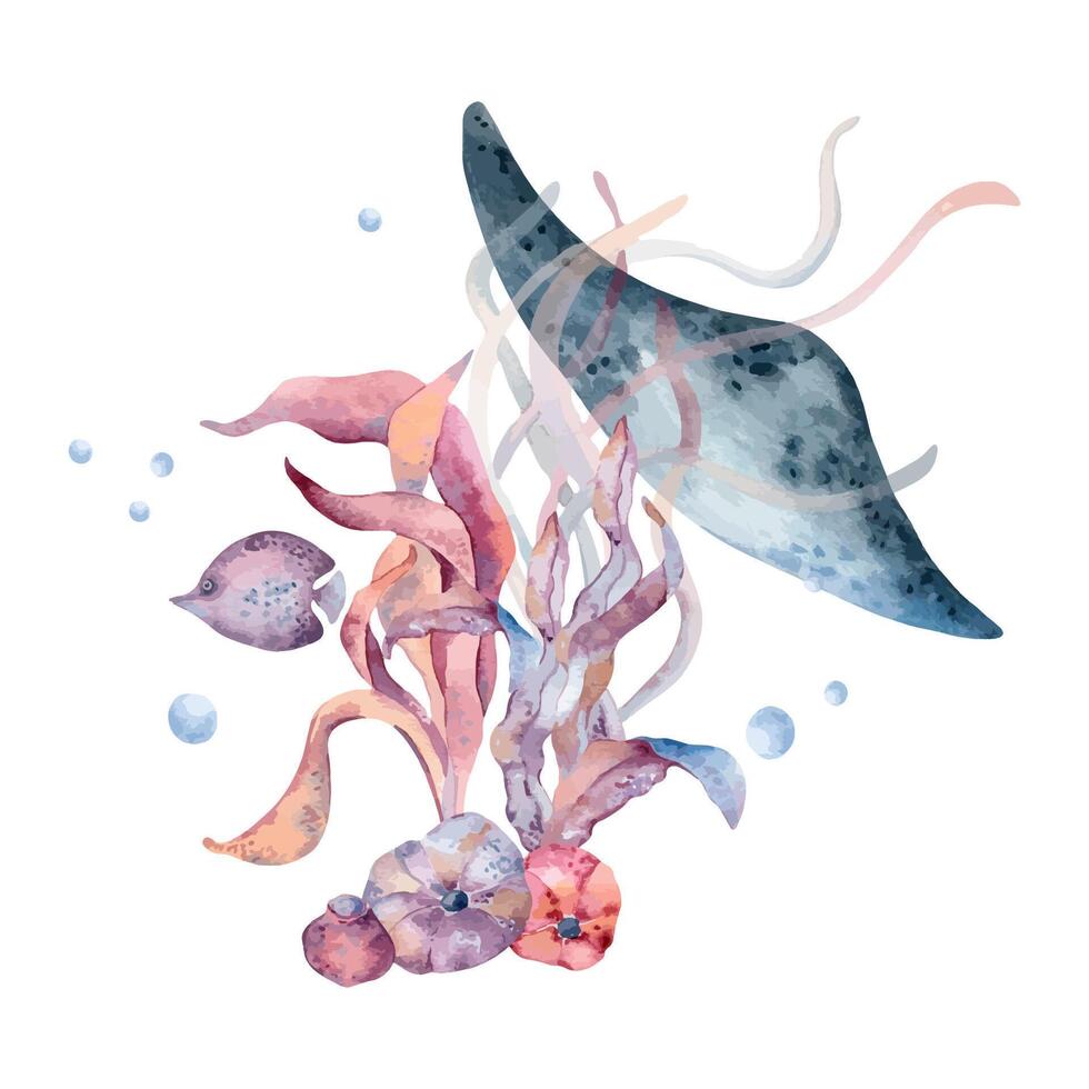 Underwater life with sea plants and stingray fish in watercolor. Ocean nature monochrome illustration painted in gradient of pink to blue. Colorful fantasy sea flora and animals. Marine bright design. vector