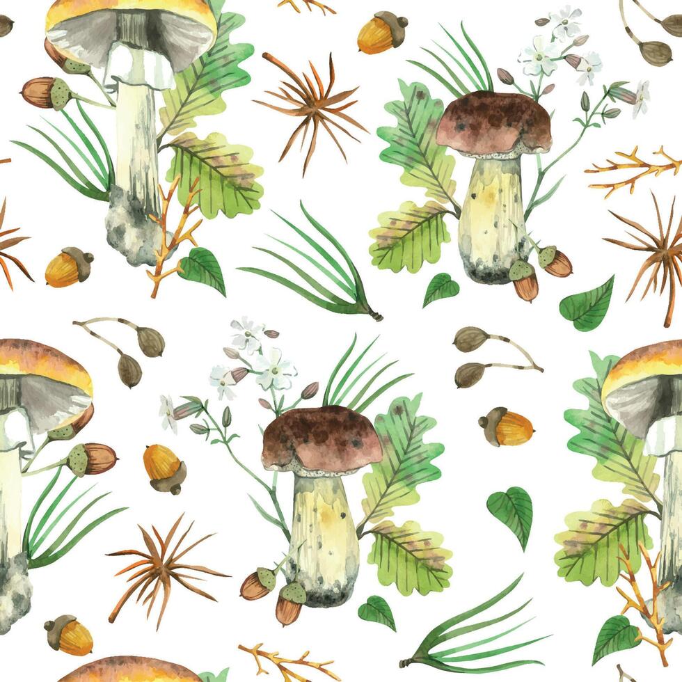 Seamless watercolor pattern on a forest theme. Edible mushrooms, needles of coniferous trees, oak leaves, acorns, all objects are hand-drawn with watercolors. For printing on textiles, paper vector