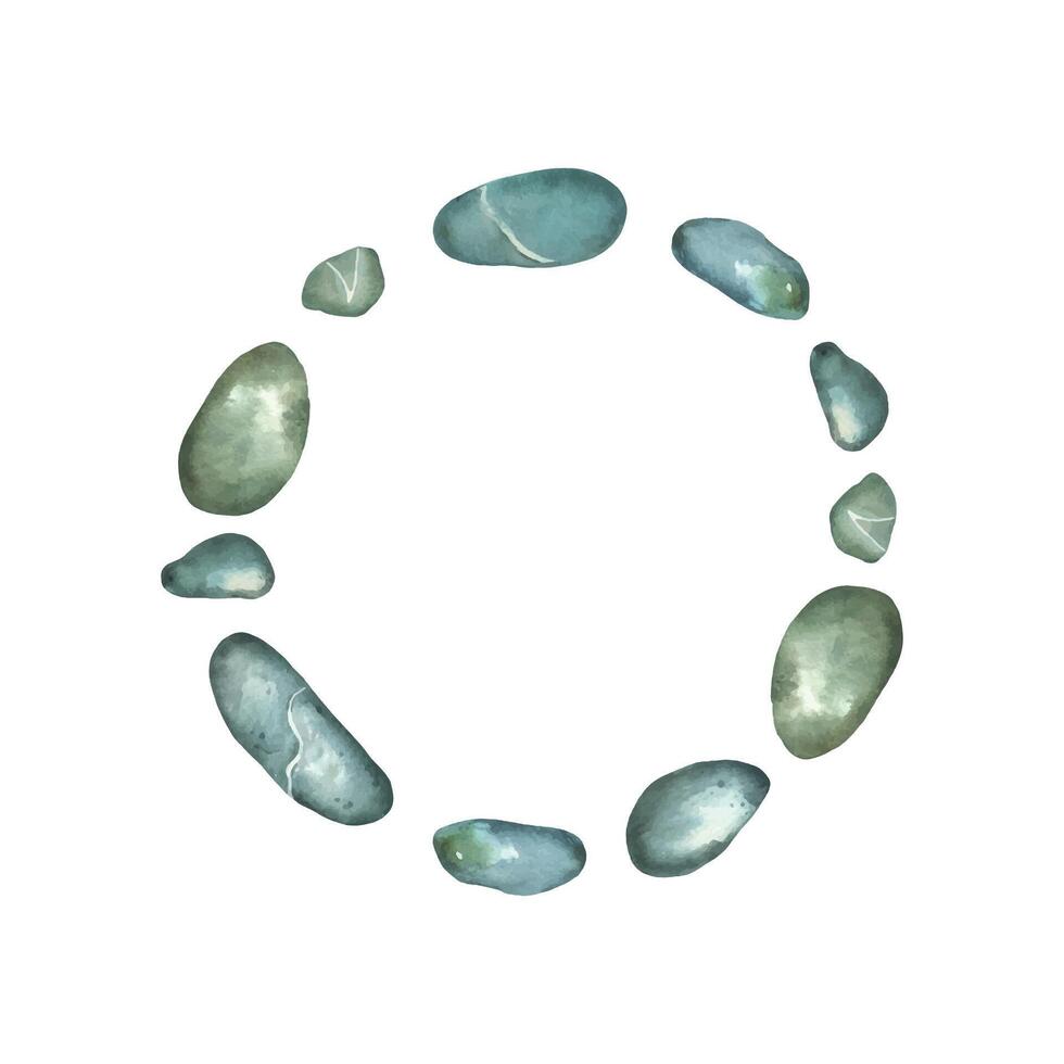 Round frame with a marine theme, a wreath of pebbles and sea stones, all hand-drawn in watercolor. Watercolor illustration. Suitable for printing on fabric, paper, for designing cards and invitations vector