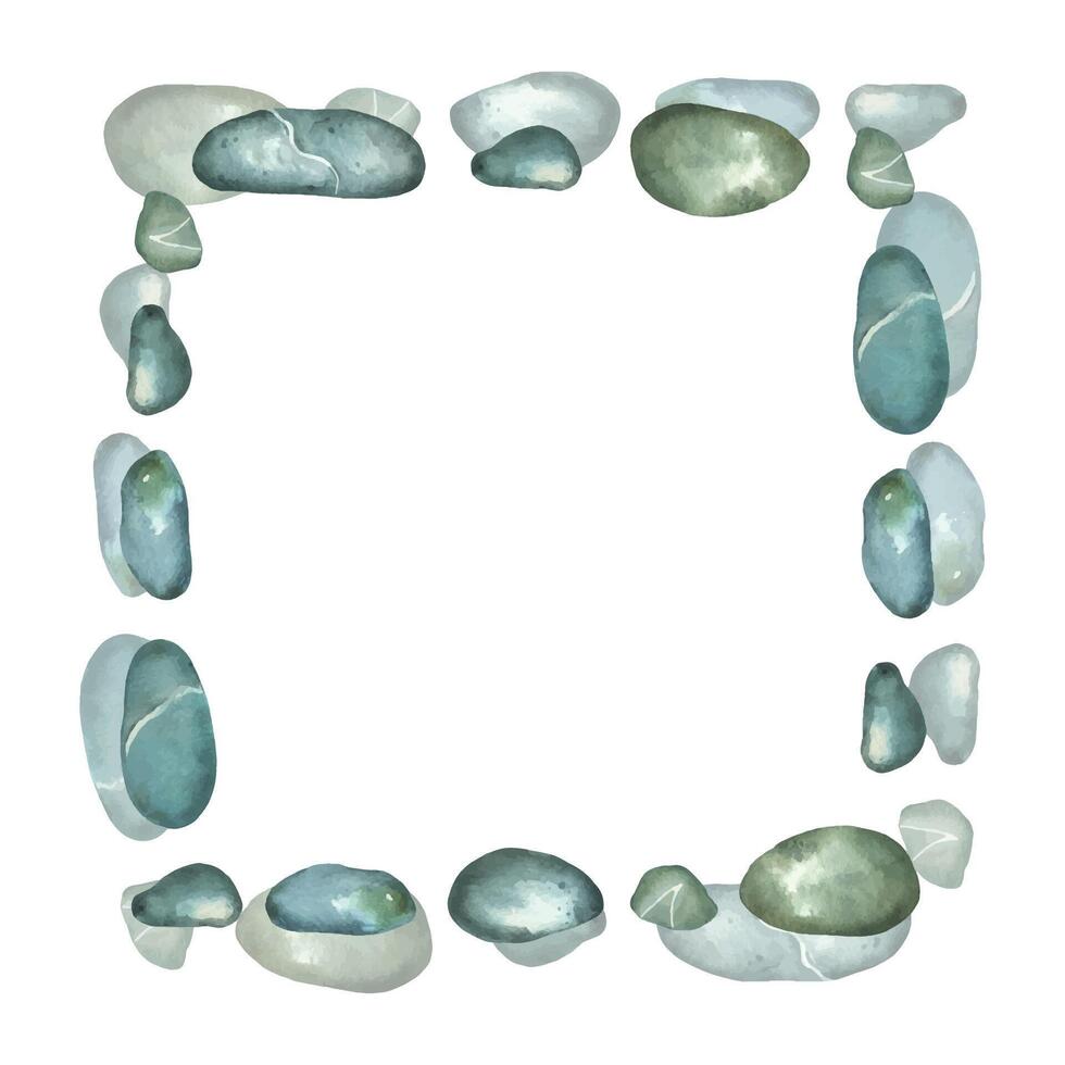 Square frame of sea pebbles and stones, hand-painted in watercolor. Watercolor illustration. Suitable for printing on postcards, for designing invitations and business cards, holiday decor vector