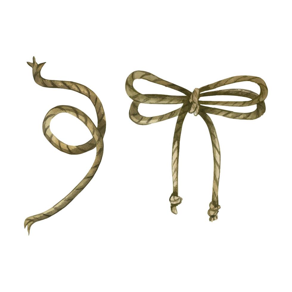 A set of watercolor illustrations, ropes, twines tied in a knot and a bow, all objects are drawn in torn watercolor. Suitable for printing and scrapbooking, design of cards and invitations vector