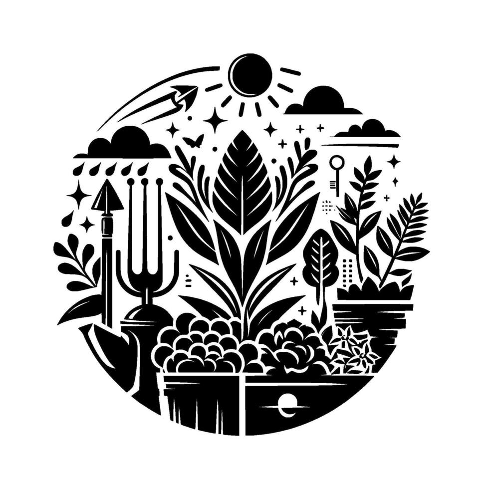 Black and white circular garden illustration featuring gardening tools, various plants, sunlight, rain, and a key, symbolizing growth and natures bounty. vector