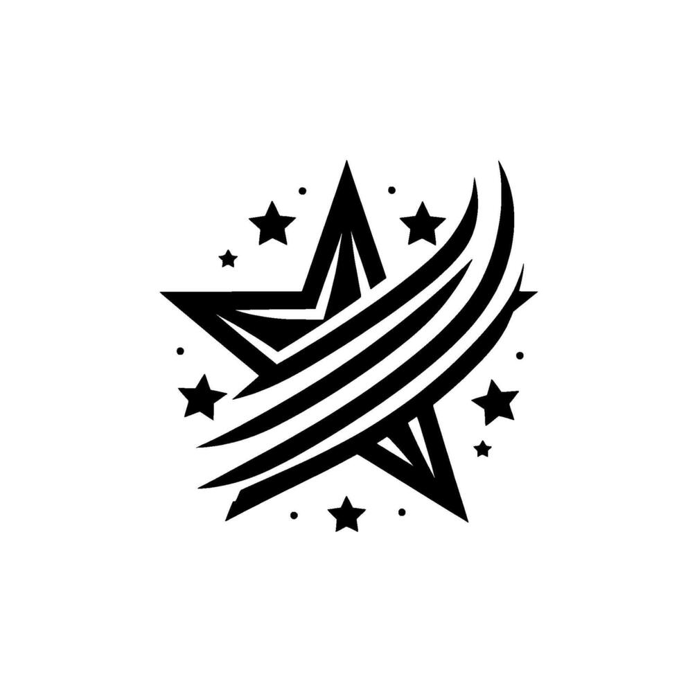 Bold Black Starburst Emblem with Dynamic Swirls and Accompanying Star Cluster on White Background, Abstract and Modern Design. vector