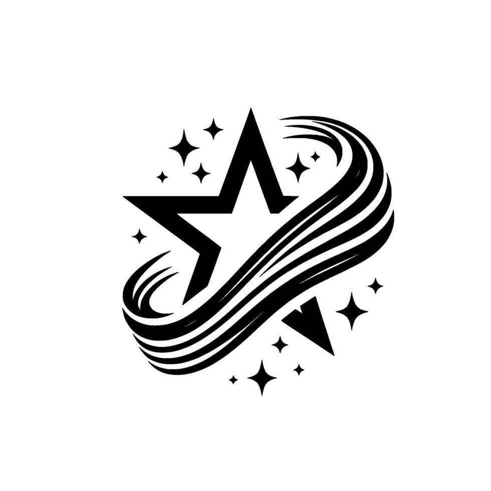 Elegant black and white star logo, featuring a shooting star effect with surrounding small stars on a clean, minimalist background. vector