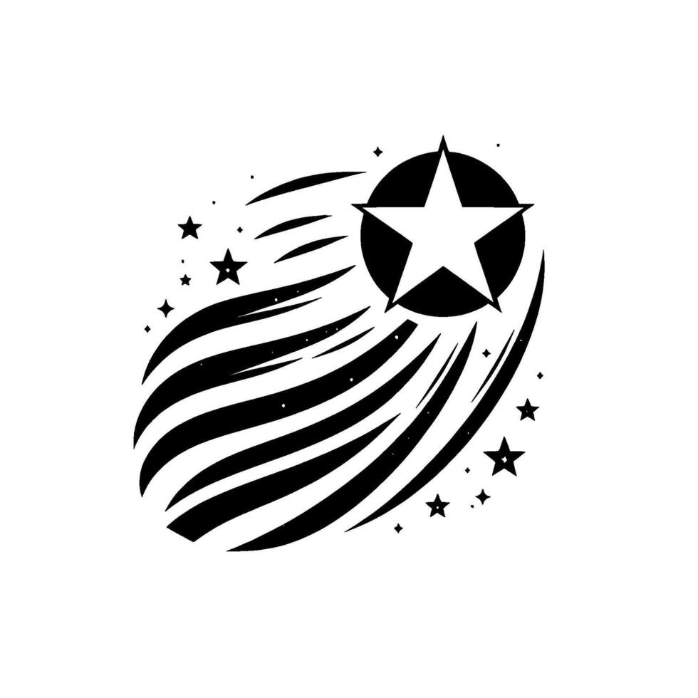 A black and white illustration of a shooting star with a fivepointed white star inside a black circle, trailed by curved lines and smaller stars, on a white background. vector