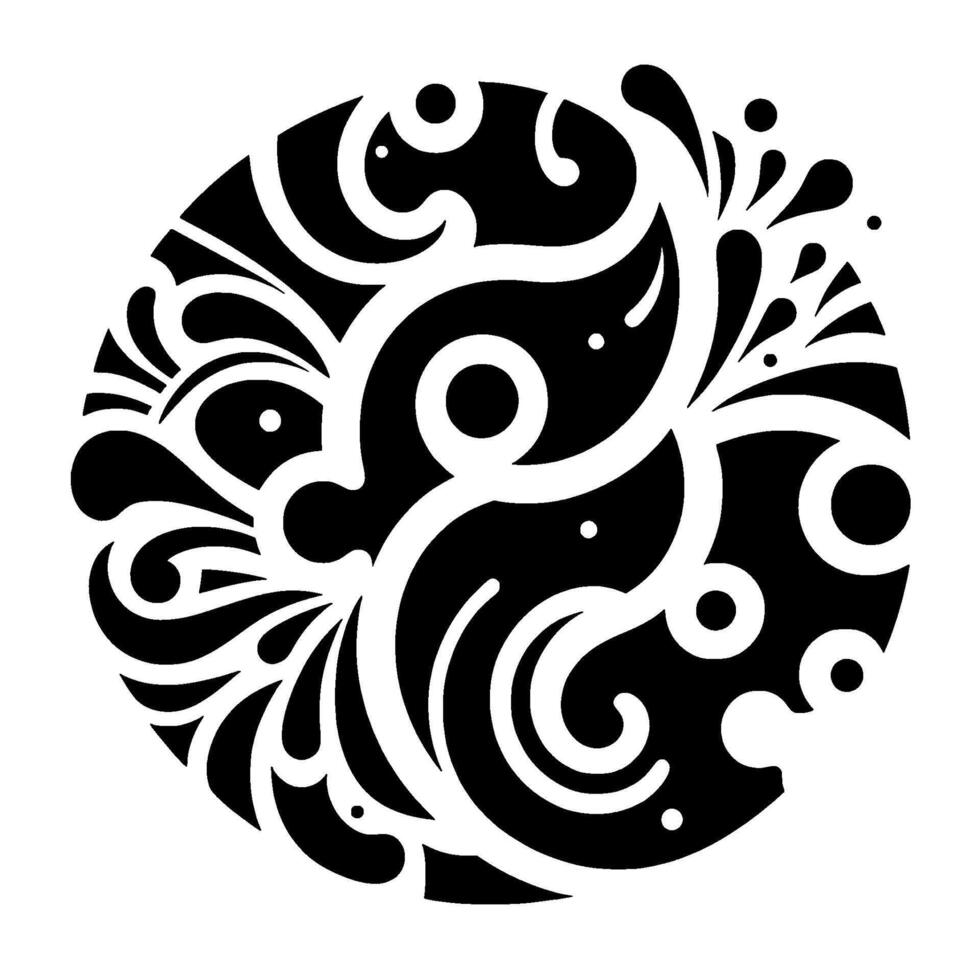Elegant Black White Abstract Floral Pattern Within a Circle with Droplet Swirl Elements, Decorative, Design. vector