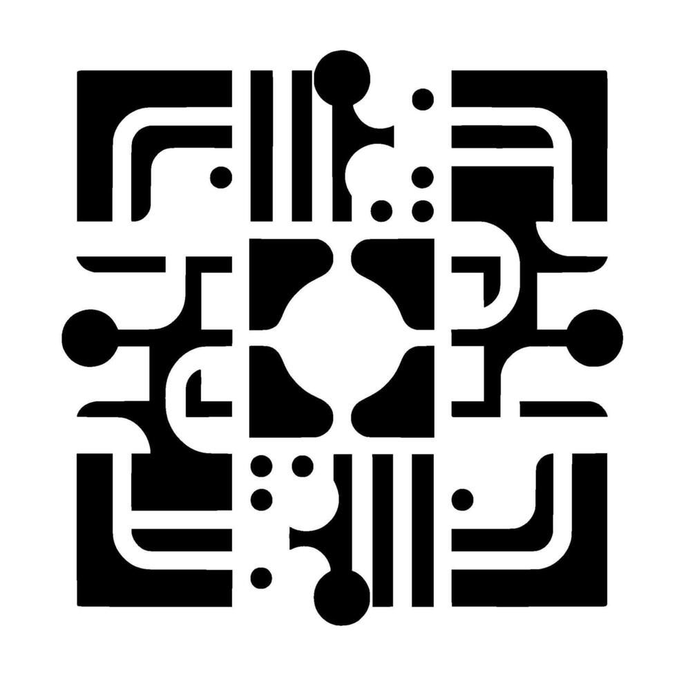 Black and white geometric of a square with abstract shapes, lines, curves, and dots within it creating a complex symmetrical pattern on white background. vector