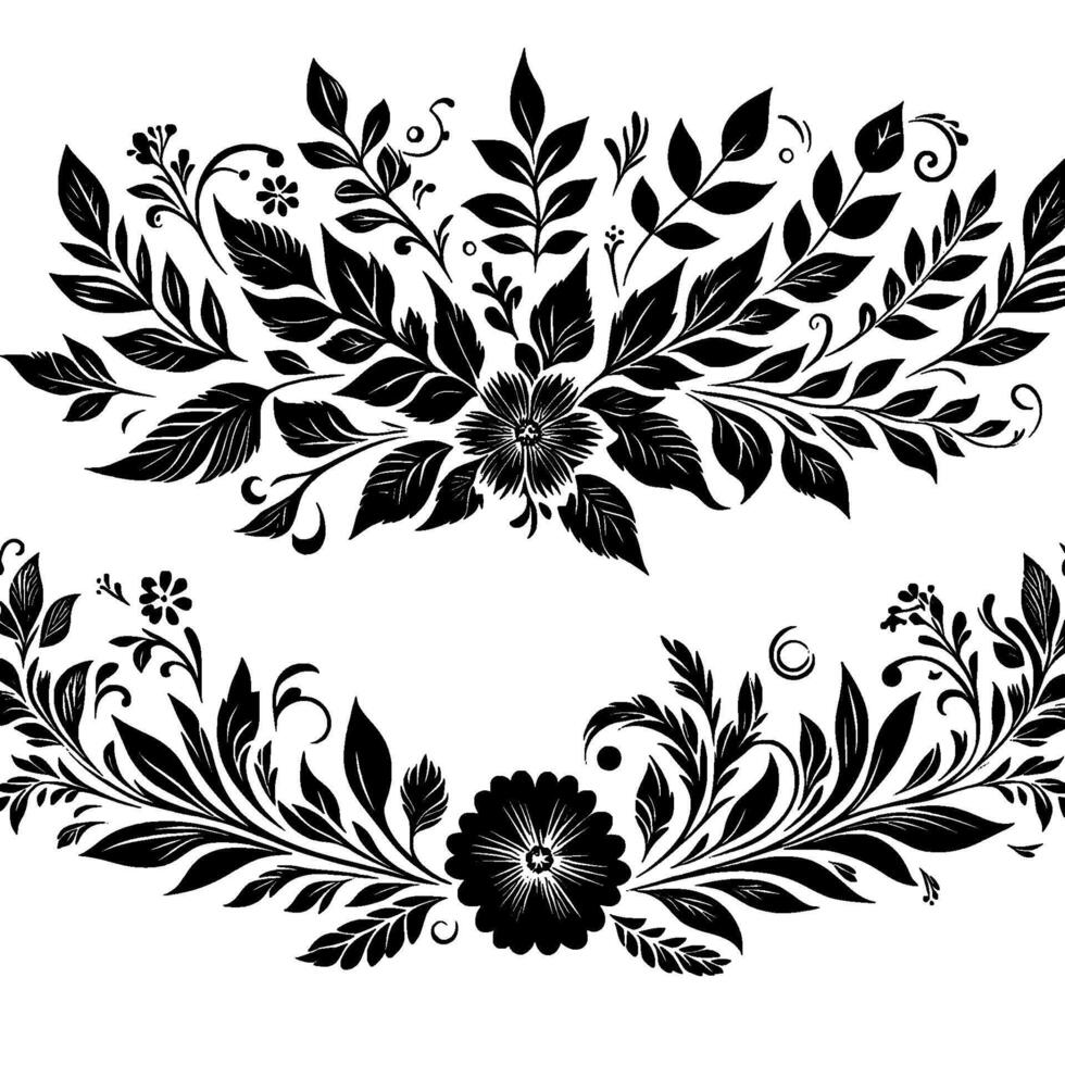Intricate Black Floral Border with Leafy Sprays and Flowers on a White Background, Symmetry, and Elegance. vector