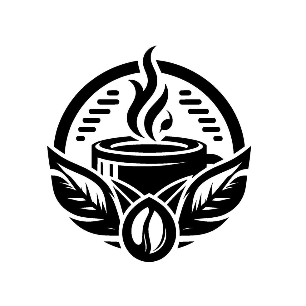Stylized Black and White Coffee Logo Steaming Cup in a Circular Emblem with Leafy Accents and a Coffee Bean. vector