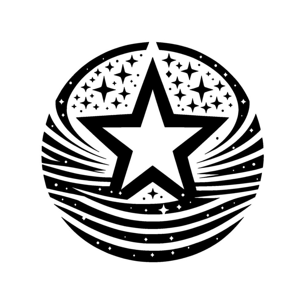 Bold black and white emblem A central, fivepointed star radiates within a circular frame, surrounded by smaller stars and streaming curved lines. vector