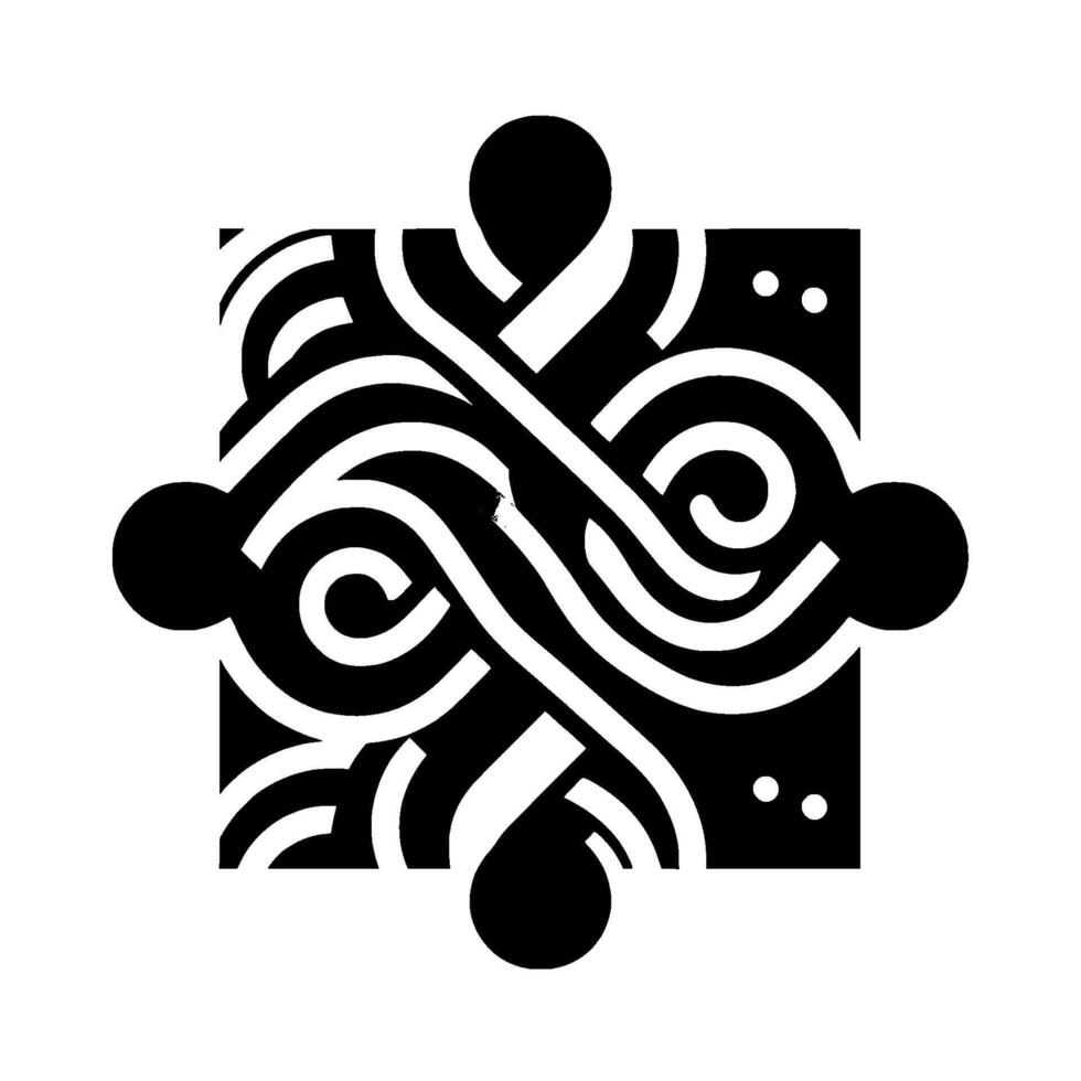 Symmetrical abstract featuring an intricate arrangement of white, grey, and black intertwined curved lines, circles, and square frame on white. vector