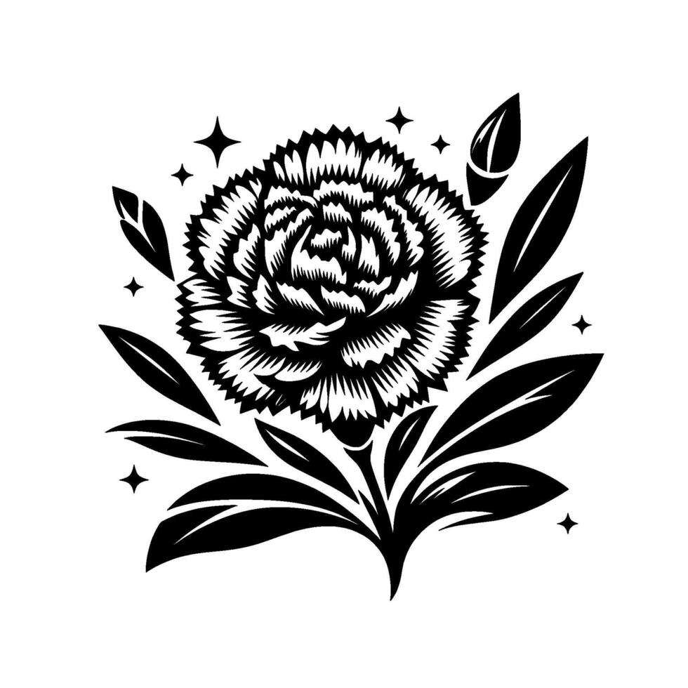A detailed black and white floral illustration of a layered carnation bloom with accompanying leaves and starburst accents, set against a clean white background. vector